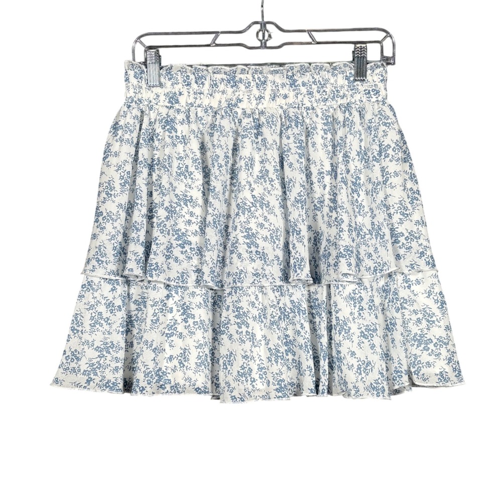 Vestique Floral Tiered Blue Mini Skirt Smocked Waist White Ruffle Womens Medium